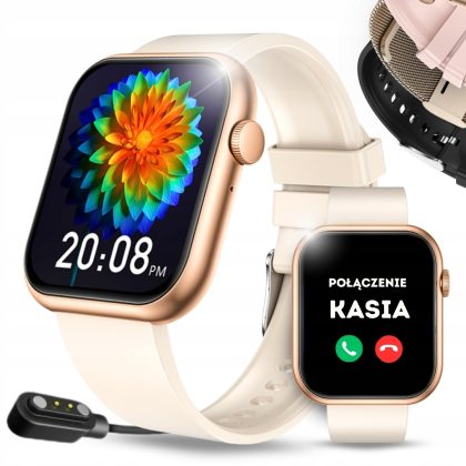 SMARTWATCH ZEGAREK DAMSKI ZŁOTY WODOODPORNY SMS ROZMOWY PL MENU + 4 PASKI