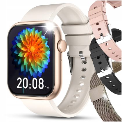 SMARTWATCH DAMSKI ZEGAREK ROZMOWY SMS SPORT ZDROWIE ZLOTY MENU PL + 4 PASKI